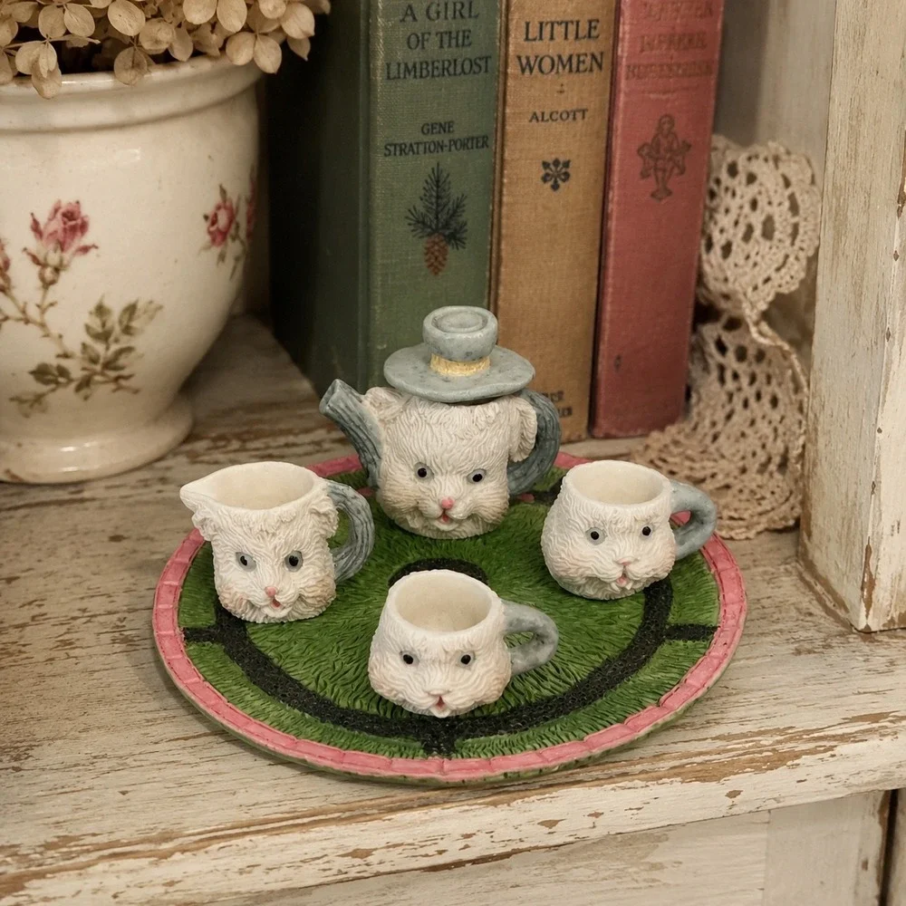 Miniature Cat Face Tea Set Resin Teapot Cups Creamer Tray Cottagecore Decor